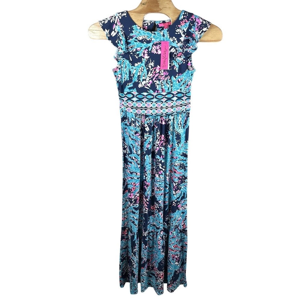 NEW Lilly Pulitzer Mylea Flounce Maxi Dress Sz Large High Tide Blue Pink Floral